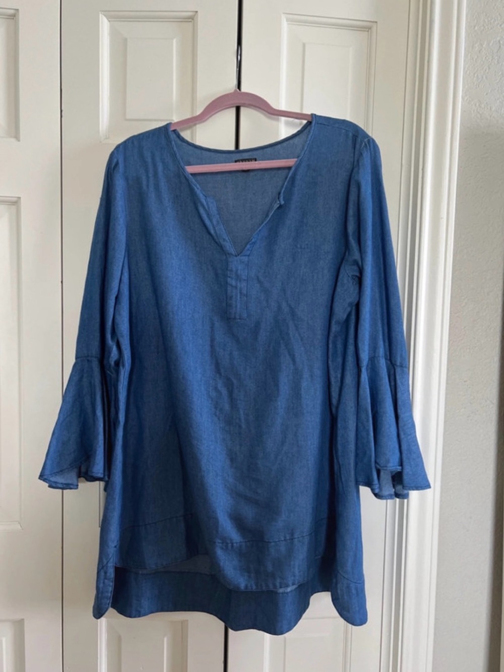 Hannah Blue Bell-Sleeve V-Neck Tunic Top